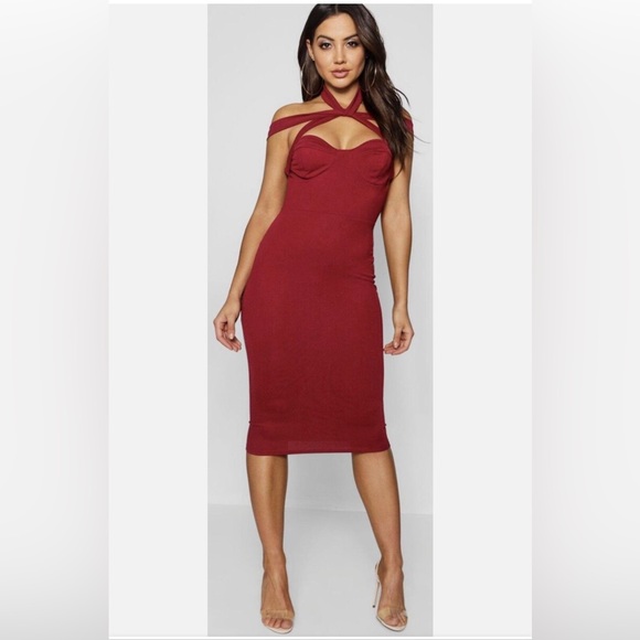 BOOHOO STRAPY TOP DETAIL MIDI BODYCON DRESS/ BURGUNDY SIZE UK 8 / US M Brand New - Picture 2 of 2